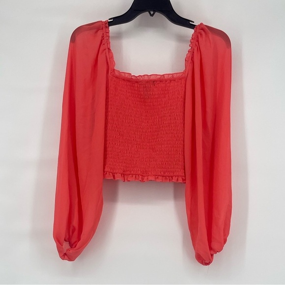 Forever 21 coral pink smocked puff sleeve crop blouse - Picture 2 of 6